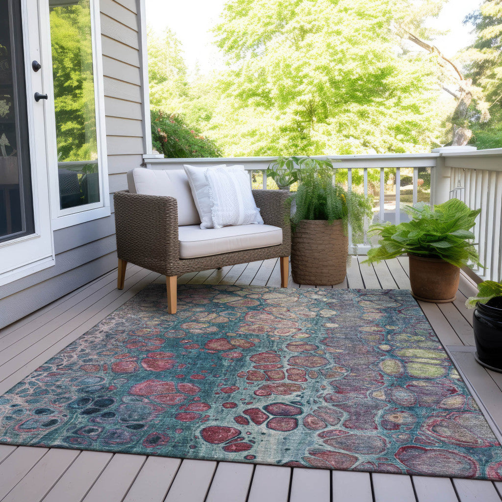3' X 5' Teal Blue And Plum Abstract Washable Indoor Outdoor Area Rug