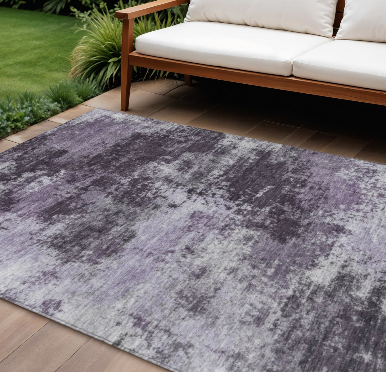 8' X 10' Purple And Ivory Abstract Washable Indoor Outdoor Area Rug