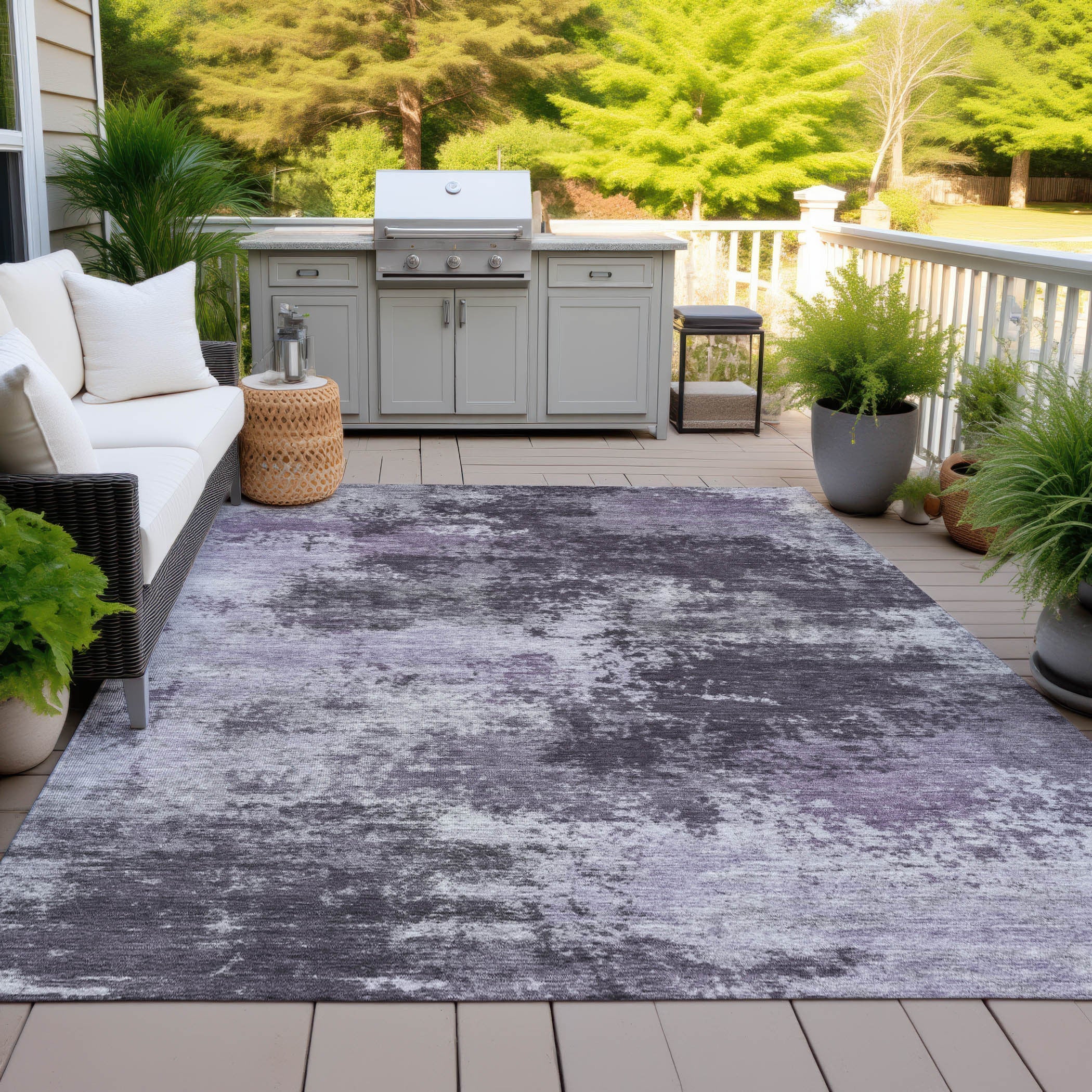 8' X 10' Purple And Ivory Abstract Washable Indoor Outdoor Area Rug