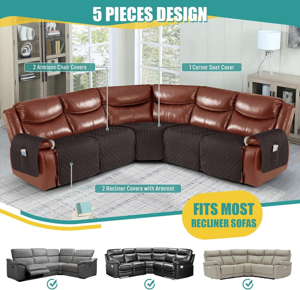 Extra Large Recliner Sectional Couch Covers Waterproof Couch Cover for Reclining L Shape Sofa 5 Seat Reclining Sectional Couch Covers with Pockets (L Shape 5 Seat Recliner Cover, Chocolate)