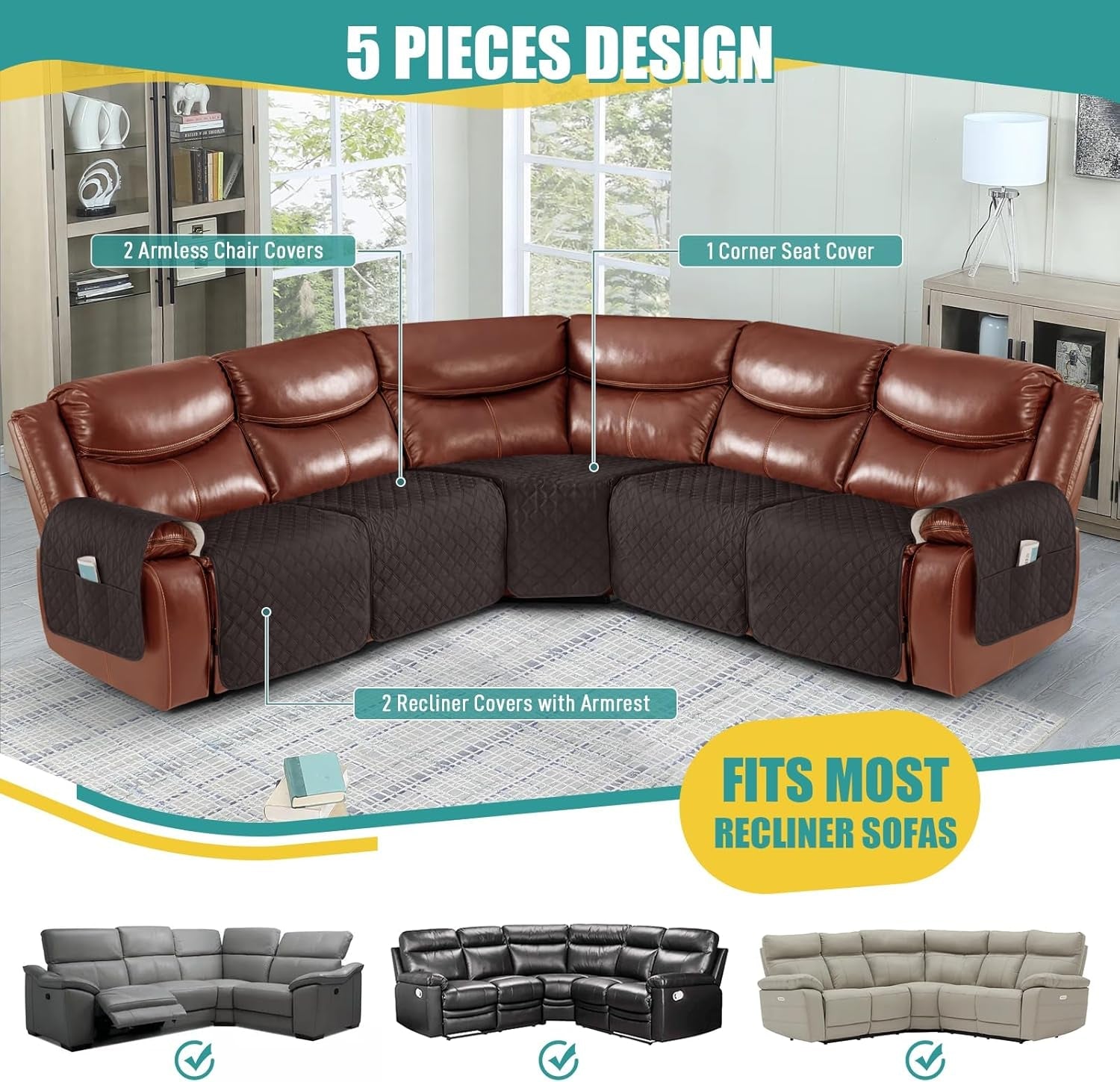 Extra Large Recliner Sectional Couch Covers Waterproof Couch Cover for Reclining L Shape Sofa 5 Seat Reclining Sectional Couch Covers with Pockets (L Shape 5 Seat Recliner Cover, Chocolate)