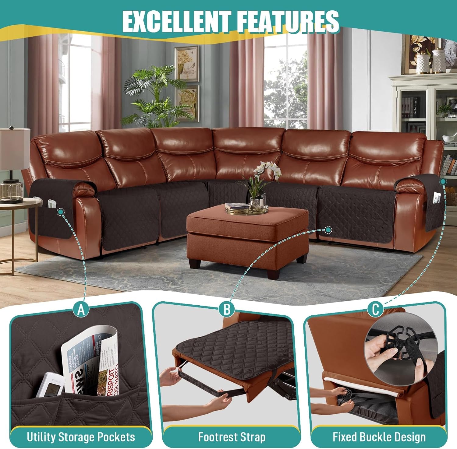 Extra Large Recliner Sectional Couch Covers Waterproof Couch Cover for Reclining L Shape Sofa 5 Seat Reclining Sectional Couch Covers with Pockets (L Shape 5 Seat Recliner Cover, Chocolate)