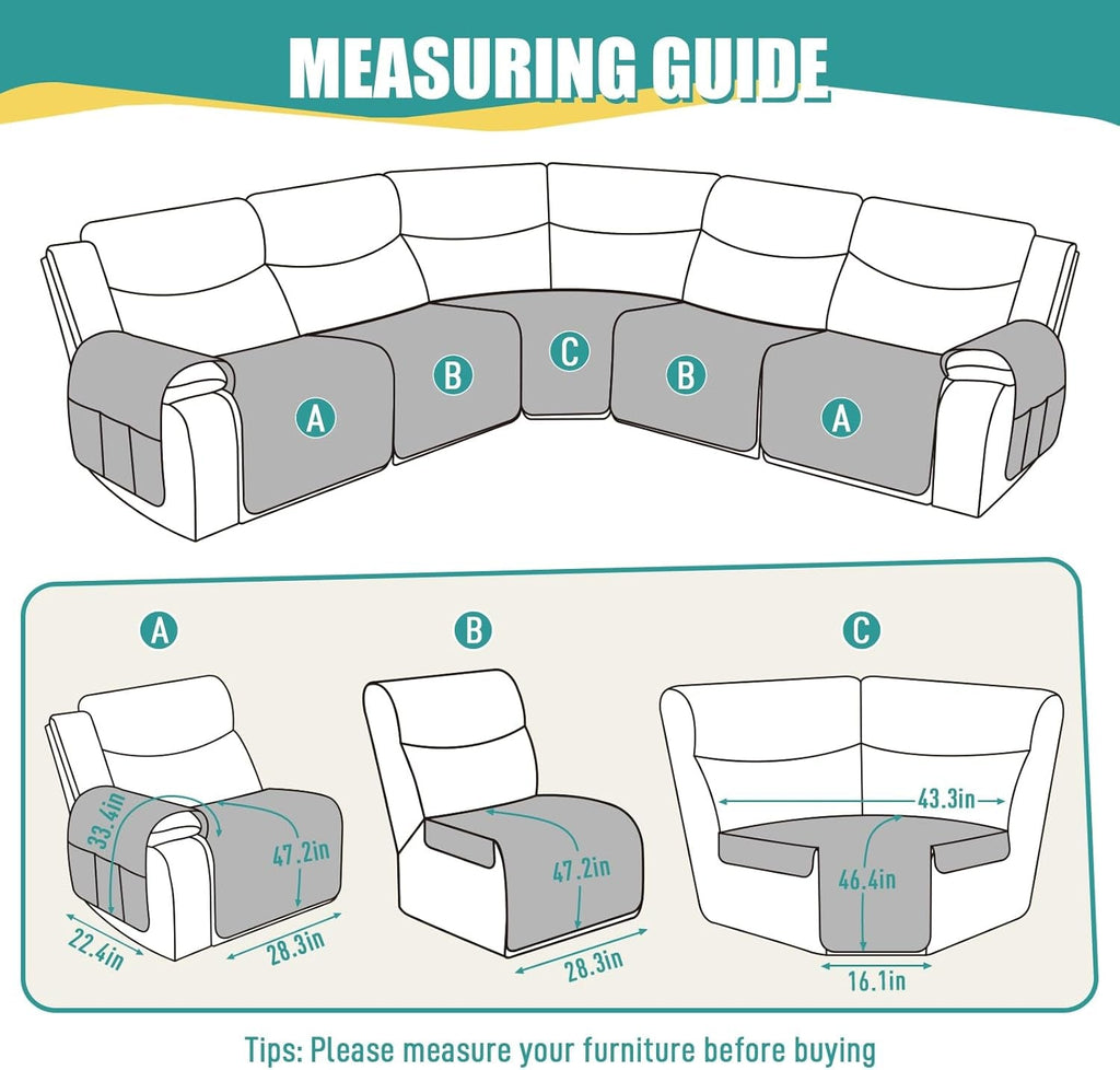 Extra Large Recliner Sectional Couch Covers Waterproof Couch Cover for Reclining L Shape Sofa 5 Seat Reclining Sectional Couch Covers with Pockets (L Shape 5 Seat Recliner Cover, Chocolate)